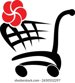 Stylish black trolley illustration adorned with a vibrant magenta orchid flower, combining elegance and modern design in a minimal vector concept.