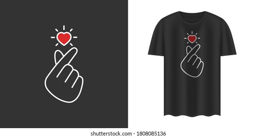 Stylish black t-shirt and apparel trendy design with Korean love sign. Textiles, t-shirts, web. Typography, print, vector illustration.