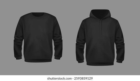 Stylish Black Unisex Hoodie. Front and Back View. Sports hoodies. Cozy clothes.