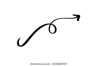 Stylish black vector spiral arrow with smooth, flowing lines. Perfect for creative projects, presentations, infographics, and design elements, symbolizing direction or movement.