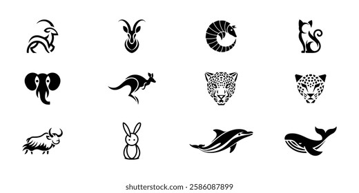 Stylish Black and White Animal Silhouettes for Design vector illustration. animal silhouettes, logo design, branding