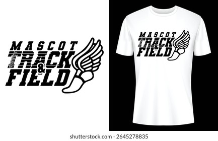 Stylish black and white athletic apparel design featuring a winged foot and Mascot Track Field text. Ideal for team shirts or merchandise.