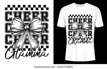 Stylish black and white Cheer Grandma tee design featuring a large bow graphic and a checkered background. Perfect for proud grandmas.