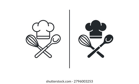 A stylish black and white chef icon featuring a hat, whisk, and spoon crossed in an X shape, perfect for food, cooking, and culinary stock graphics.
