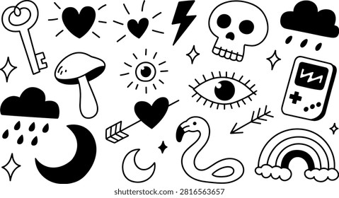 A stylish black and white collection of hand-drawn Y2K aesthetic doodles featuring hearts, a skull, key, evil eye, retro handheld game console, flamingo pool float, and celestial shapes. Perfect for trendy stickers, tattoo flash sheets, phone case prints, branding, and casual fashion graphics.