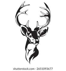 Stylish black and white deer head illustration with detailed antlers, perfect for logos, tattoos, emblems, apparel prints, and creative branding needing a bold and elegant wildlife touch.