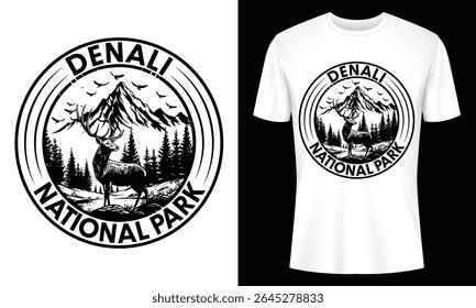 Stylish black and white Denali National Park tee design. Features a majestic deer, mountain range, and forest. Perfect for nature lovers and park enthusiasts.