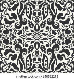 Stylish black and white doodle seamless pattern. Abstract floral seamless background. Decorative golden ornament for for textile or paper print. Hand drawn artwork, vector fashion illustration