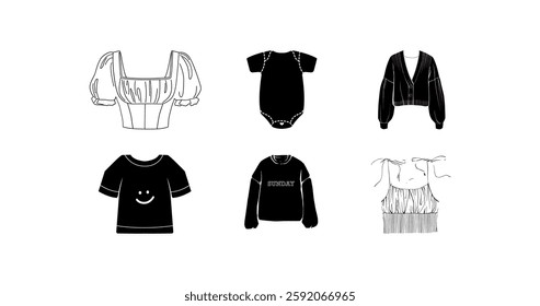 Stylish Black and White Fashion Illustration of Women's Clothing. Vctor illustration of a set of clothes.