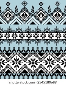 stylish black and white geometric pattern with light blue background, featuring snowflakes, diamonds, and floral motifs, perfect for textiles and wallpapers.
