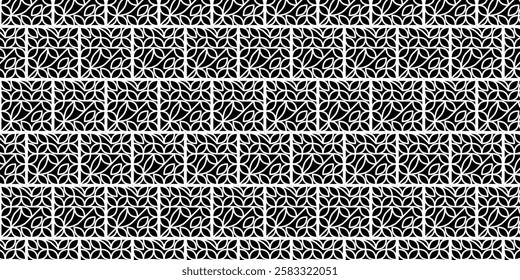 Stylish black and white geometric pattern featuring symmetrical decorative leaf-inspired motifs arranged seamlessly. Perfect for backgrounds, textiles, wallpapers, and design projects requiring intric