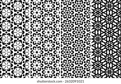 Stylish black and white geometric patterns ideal for textile design, wallpapers, and various graphic projects. High-resolution seamless repeating textures.