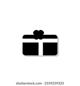 A stylish black and white gift box icon featuring a ribbon and bow. Ideal for minimalist designs, holiday themes, and promotional materials related to gifting.