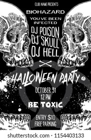 Stylish black and white Halloween invitation poster and card with skulls background. Printable hand drawn Halloween greeting flayer template with space for text. Vector.