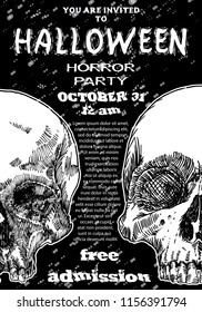 Stylish black and white Halloween invitation poster and card with skulls background. Printable hand drawn Halloween greeting flayer template with space for text. Vector.