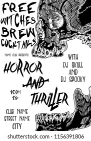 Stylish black and white Halloween invitation poster and card with skulls background. Printable hand drawn Halloween greeting flayer template with space for text. Vector.
