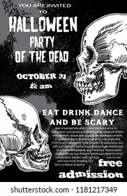 Stylish black and white Halloween invitation poster and card with skulls background. Printable hand drawn Halloween greeting flayer template with space for text. Vector.
