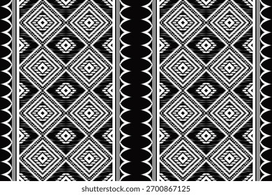 Elegante padrão ikat preto e branco com listras verticais e motivos em losango. Perfeito para têxteis étnicos modernos, moda boêmia e elegantes desenhos de tecido decorativo.