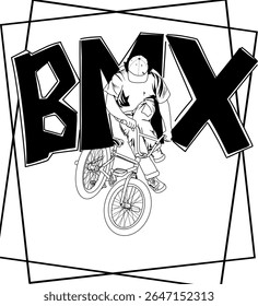 Stylish black and white illustration of a BMX biker, embodying urban street style and extreme sports. Ideal for apparel, posters, or digital content for a youthful audience.