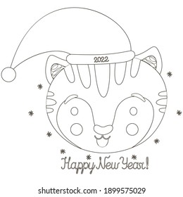 Stylish black and white isolated outline childish illustration of the face of a cute happy tiger wearing a Santa Claus hat in Scandinavian style, calligraphy quote Happy New Year for coloring. Vector.