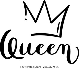 Stylish black and white lettering showcasing the word Queen adorned with a simple crown, representing confidence, royalty, and the essence of female empowerment and strength