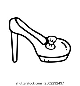 A stylish black and white line art illustration of a high heel shoe with a decorative bow on the front.