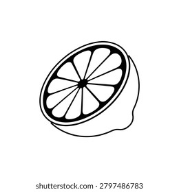 A stylish black and white line drawing of a sliced lemon showcasing its juicy segments and fresh texture perfect for food branding or health-related content