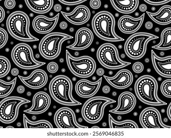 Stylish black and white paisley pattern.  Perfect for textiles, apparel, or website backgrounds.  Elegant, intricate design with repeating motif. Ideal for adding a touch of classic sophistication.