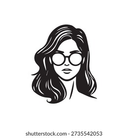 Stylish black and white portrait of a woman's face with flowing wavy hair and round eyeglasses. Artistic depiction of beauty and fashion.