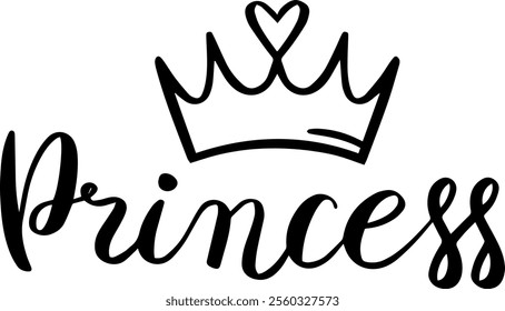 Stylish black and white princess calligraphy with a simple crown and heart shaped gem is perfect for nursery room decorations, baby shower invitations, clothing prints, and birthday cards