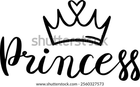 Stylish black and white princess calligraphy with a simple crown and heart shaped gem is perfect for nursery room decorations, baby shower invitations, clothing prints, and birthday cards