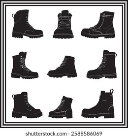 Stylish black and white silhouette of different hiking boots collection