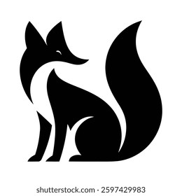 Stylish Black and White Silhouette of a Sitting Fox, Fox icon, Fox logo, Fox vector silhouette.
