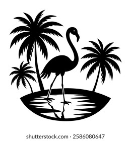 A stylish black and white silhouette vector illustration featuring a flamingo standing in water, surrounded by tropical palm trees.