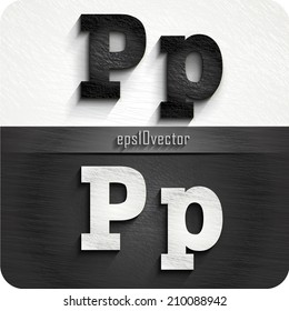 stylish black, white squared shabby alphabet letters. Uppercase letter "P" and Lowercase letter "p". eps10.