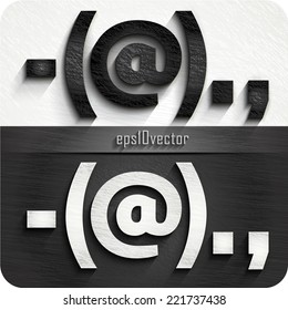 stylish black, white squared shabby alphabet symbols. Dashes, round brackets, email, period, comma. eps10.