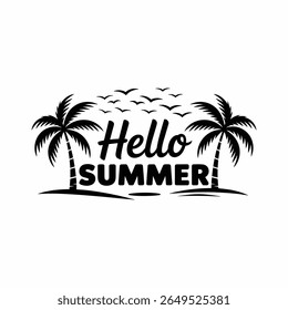 Stylish black and white summer greeting card design featuring palm trees and flying birds