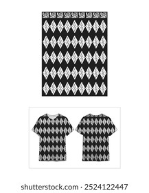 Stylish black and white T-shirt design featuring a seamless geometric diamond pattern with intricate swirl motifs. Perfect for fashion, textile, or clothing design projects.