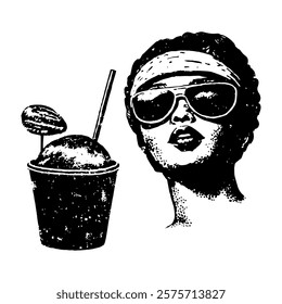 stylish black and white vector art featuring a woman in sunglasses next to a cup with a straw and garnish, perfect for retro-themed designs, summer concepts, and lifestyle illustrations.