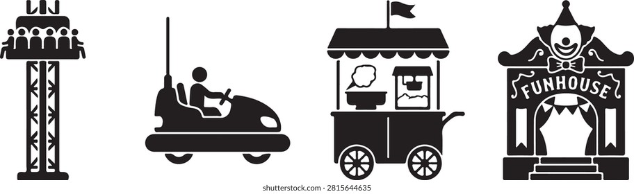 A stylish black and white vector icon set featuring classic carnival attractions including a bumper car ride, tower ride, popcorn cart, and funhouse building.