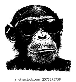 stylish black and white vector illustration of a chimpanzee wearing sunglasses, blending humor and bold design for a modern and trendy look.