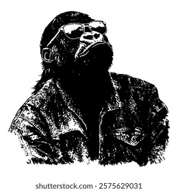 stylish black and white vector illustration of a gorilla wearing sunglasses and a jacket, blending humor and modern design with intricate detailing.