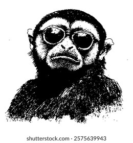 stylish black and white vector illustration of a monkey wearing round sunglasses, combining humor and modern design with intricate textures and shading.