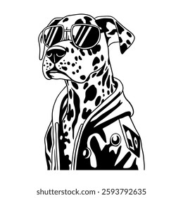 Stylish black and white vector illustration of a Dalmatian dog wearing sunglasses and a cool jacket. Perfect for trendy designs, fashion prints, tattoos, posters, and branding. Modern and edgy artwork