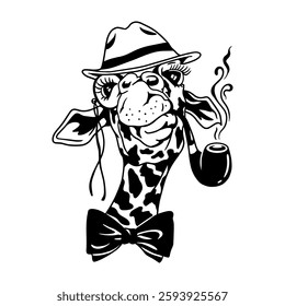 Stylish black and white vector illustration of a dapper giraffe wearing a fedora, bow tie, and smoking a pipe. A fun and sophisticated design, perfect for prints, tattoos, and creative decor.