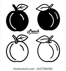 Elegante Ilustración vectorial en blanco y negro de cuatro melocotones con hojas y Elementos de tallo