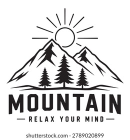 A stylish black and white vector illustration featuring a mountain range with tall pine trees in the foreground. The sun rises behind the mountains, casting bright rays. The design conveys a relaxing and peaceful theme, ideal for wellness, nature, and outdoor-related content. Perfect for use in logos, posters, and digital media.
