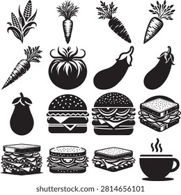 A stylish black and white vector illustration set showing various vegetables, burgers, sandwiches, and a coffee cup. Perfect for food blogs, menus, or health-related designs.
