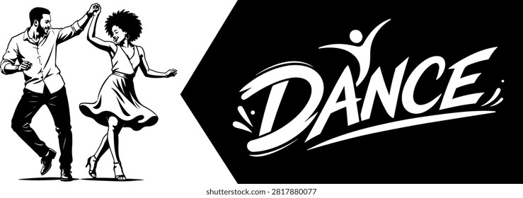 A stylish black and white vector illustration of an Afro dancing couple in a dynamic pose, designed in a high-contrast line art style. Perfect for tattoo, silhouette, stencil, t-shirt printing, laser cutting, Cricut, vinyl decals, and modern graphic design projects.