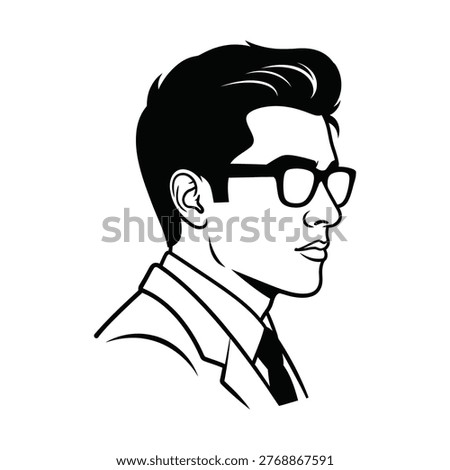 A stylish black and white vector illustration of a man in profile, wearing glasses and a suit, with neatly combed hair, looking thoughtfully to the right.